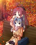  arm_up autumn_leaves bag bench blue_eyes blue_hair bow coat feeding food hair_bow head_rest leaf leaf_on_head long_hair long_sleeves mahou_shoujo_madoka_magica miki_sayaka multiple_girls open_mouth pocky red_eyes red_hair sakura_kyouko scarf school_uniform shirt short_hair shoulder_bag sitting skirt tera_l 