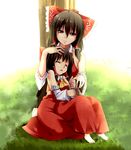  ^_^ against_tree ascot barefoot bow brown_hair closed_eyes detached_sleeves dual_persona grass hair_bow hair_tubes hakurei_reimu k_liss_s long_hair multiple_girls nature open_mouth short_hair sitting skirt smile time_paradox touhou tree 