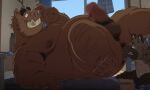balls brown_body butt_sniffing censored detailed_background duo erection eto1212 genitals hi_res humanoid_genitalia humanoid_hands humanoid_penis hyena male male/male mammal overweight overweight_male penis size_difference sniffing suid suine sus_(pig) wild_boar