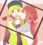  1girl baseball_cap bow brown_hair cheek_kiss closed_eyes green_eyes green_hair hat heart hetero hug jacket kiss long_hair mei_(pokemon) open_mouth pink_background pokemon pokemon_(game) pokemon_bw2 setsuki simple_background surprised tetsu_(pokemon) 