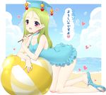  :d aqua_swimsuit ball bare_shoulders beach beachball blush casual_one-piece_swimsuit choker collarbone eiyuu_senki green_hair hat heart holding long_hair looking_at_viewer mochiya_marosuke mortarboard one-piece_swimsuit open_mouth outline pointer purple_eyes ribbon_choker sandals smile solo speech_bubble sun_tzu_(eiyuu_senki) swimsuit 