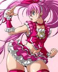  blue_eyes bow braid brooch choker clenched_hand cure_melody earrings frills houjou_hibiki isu jewelry long_hair lowres magical_girl midriff navel pink pink_background pink_bow pink_choker pink_hair pink_legwear precure solo suite_precure thighhighs when_you_see_it wide_hips wrist_cuffs 