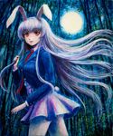  animal_ears bamboo bamboo_forest blazer bunny_ears bunny_tail forest full_moon jacket long_hair miniskirt moon nature necktie night oil_painting_(medium) purple_hair red_eyes red_neckwear reisen_udongein_inaba revision sketch skirt solo tafuto tail touhou traditional_media very_long_hair 