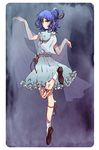  blue_eyes blue_hair dress flower hair_ornament hair_rings hair_stick highres kaku_seiga looking_back mironomeo ofuda shawl solo standing standing_on_one_leg touhou vest 