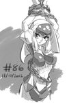  2012 arms_up bdsm bondage bound bound_arms breasts chain dated downscaled greyscale hood junkpuyo large_breasts md5_mismatch midriff monochrome navel odin_sphere resized solo velvet_(odin_sphere) 