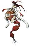  claws eve_(parasite_eve) holding_stomach horns long_hair monster_girl multiple_arms nomura_tetsuya official_art pale_skin parasite_eve pregnant red_hair solo veins 