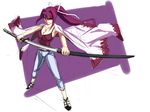  bad_id bad_pixiv_id breasts camisole cape capri_pants cleavage hair_ribbon katana long_hair medium_breasts ootachi pants pants_rolled_up ponytail purple_hair red_eyes ribbon sandals sheath solo suzumebati3 sword under_night_in-birth unsheathing weapon yuzuriha_(under_night_in-birth) 