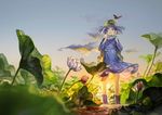  backpack bag biiji blue_eyes blue_hair bug butterfly cloud flower hair_bobbles hair_ornament hat insect kawashiro_nitori key leaf lily_pad lotus open_mouth pocket smile solo standing sunset touhou two_side_up 