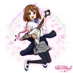  brown_eyes brown_hair flying_v gibson guitar hirasawa_yui instrument jumping k-on! moffun pantyhose plaid plaid_skirt revision short_hair skirt solo swimsuit 