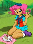  breasts camp_lazlo clothed clothing cute dcrmx female hair kneeling looking_at_viewer mongoose patsy_smiles pink_hair smile solo waving 