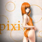 absurdres ass black_eyes competition_swimsuit flat_chest highres kirin404 looking_back one-piece_swimsuit orange_(color) orange_hair orange_swimsuit original revision short_hair solo swimsuit 