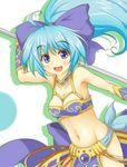  1girl artist_request blue_eyes blue_hair blush bow bra breasts fang gem hammer happy jewel looking_at_viewer lowres mound_of_venus navel playstation ponytail ribbon small_breasts smile the_legend_of_dragoon underwear weapon wingly wristband 