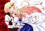  alternate_costume apron blonde_hair blush butler cup enmaided female_butler flower formal green_eyes hazuki_kasane horn hoshiguma_yuugi hug long_hair maid maid_headdress mizuhashi_parsee multiple_girls one_eye_closed petals pointy_ears red_eyes red_flower red_rose revision rose rose_petals short_hair suit teacup teapot touhou tray very_long_hair yuri 