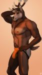  anthro antlers biped bulge cervid cervine clothed clothing fur hair horn jockstrap looking_at_viewer male mammal red_deer ryker_(lithotome) simple_background solo topless underwear vogelrove 