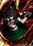  black_hair bow breasts cape fire from_above hair_bow lefthand long_hair medium_breasts red_eyes reiuji_utsuho revision solo touhou wings 
