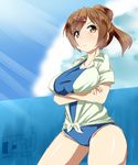  bangs breast_hold breasts brown_hair chuunibyou_demo_koi_ga_shitai! cloud competition_school_swimsuit crossed_arms dated day dress_shirt front-tie_top frown hair_bun hair_ornament hairclip inaka_keikou large_breasts light_rays long_hair looking_at_viewer nibutani_shinka no_pants one-piece_swimsuit open_clothes open_shirt orange_eyes outdoors ponytail school_swimsuit shirt signature sketch sky sleeves_rolled_up solo standing sunbeam sunlight swimsuit swimsuit_under_clothes taut_clothes taut_swimsuit thick_thighs thighs tied_shirt 