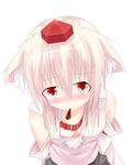  animal_ears blush breasts collar collarbone detached_sleeves downblouse food hat inubashiri_momiji kunsei_hamu looking_at_viewer medium_breasts mouth_hold pocky red_eyes silver_hair solo tokin_hat touhou wolf_ears 