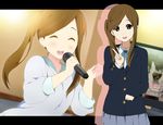  brown_eyes brown_hair extra k-on! karaoke kisuke_(akutamu) long_hair microphone music okada_haruna sakuragaoka_high_school_uniform school_uniform side_ponytail singing v 