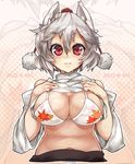  :3 animal_ears areola_slip areolae breasts cleavage hat himuro_(dobu_no_hotori) inubashiri_momiji large_breasts navel pom_pom_(clothes) red_eyes shirt_lift short_hair silver_hair solo tokin_hat touhou wide_sleeves wolf_ears 