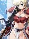  aretha armor bikini_armor blonde_hair braid breasts cleavage earrings green_eyes jewelry large_breasts loincloth materia_(aretha) navel no_panties nomal revision shoulder_pads solo sword weapon 