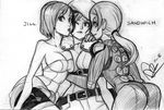  alex_ahad ass beret bodysuit breast_press breasts cleavage clothes_around_waist girl_sandwich greyscale hat hug jill_valentine large_breasts long_hair miniskirt monochrome multiple_girls multiple_persona ponytail resident_evil resident_evil_3 resident_evil_5 sandwiched short_hair shoulder_pads signature sketch skirt strapless sweater sweater_around_waist time_paradox traditional_media 