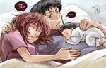  2boys amelie baby blanket facial_hair family father_and_son husband_and_wife ikari_gendou ikari_shinji ikari_yui indoors mother_and_son multiple_boys neon_genesis_evangelion pillow short_hair sleeping stubble tired 