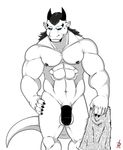  anthro balls biceps big_muscles big_penis black_claws black_hair black_horns black_nipples black_penis blue_eyes circumcised claws dragon drake drake_(species) ear_piercing fangs flaccid fur hair half-erect horn looking_at_viewer male muscles nipple_piercing nipples nude pecs penis piercing plain_background pose psycohound solo thick_penis towel uncut zerk 