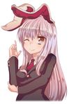  animal_ears bad_id bad_pixiv_id bunny_ears cream_(nipakupa) long_hair one_eye_closed purple_hair red_eyes reisen_udongein_inaba simple_background smile solo touhou upper_body white_background 
