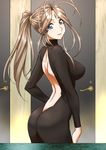  aa_megami-sama antenna_hair ass backless_dress backless_outfit bangs belldandy blue_eyes breasts brown_hair covered_nipples dress facial_mark forehead_mark highres impossible_clothes impossible_dress joy_division large_breasts long_hair looking_at_viewer ponytail skin_tight smile very_long_hair 