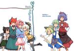  animal_ears blonde_hair blue_eyes blush braid cat_ears closed_eyes green_hair hand_on_hip hat kaenbyou_rin kochiya_sanae komeiji_koishi komeiji_satori maiku mirror moriya_suwako multiple_girls pink_hair purple_hair red_eyes red_hair reiuji_utsuho smile touhou wings yasaka_kanako yellow_eyes 