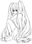  barefoot hatsune_miku hinata_riku lineart long_hair monochrome sitting solo very_long_hair vocaloid 