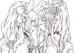  closed_eyes hinata_riku japanese_clothes kimono lineart long_hair monochrome multiple_girls original smile 