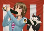  brown_eyes brown_hair cat eating ehoumaki food food_in_mouth full_mouth jacket makizushi original setsubun short_hair solo spinlock sushi symmetrical_pose teardrop 