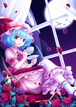 bat blue_hair clock clock_tower crossed_legs cup dress flower full_moon hat mao_a_mi_mi moon open_mouth petals red_eyes remilia_scarlet rose sitting slit_pupils solo teacup touhou tower 