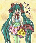  ahoge aqua_hair arm_at_side artist_request bad_id bad_pixiv_id bangs bare_shoulders blue_skirt bouquet breasts closed_eyes colorized covered_mouth facing_viewer feet_out_of_frame floral_background flower green_legwear hair_between_eyes hand_up hatsune_miku headset hinata_riku holding holding_bouquet holding_flower lace lace-trimmed_skirt long_hair red_neckwear red_ribbon ribbon simple_background skirt skirt_set sleeveless small_breasts smelling_flower solo standing striped striped_neckwear striped_ribbon thighhighs twintails very_long_hair vocaloid white_background wrist_cuffs yellow_background zettai_ryouiki 