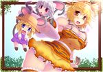  adapted_costume animal_ears bare_shoulders bell blonde_hair blue_eyes breasts chibi choujigen_nuko hair_ornament large_breasts md5_mismatch minigirl moriya_suwako mouse_ears mouse_tail multiple_girls nazrin red_eyes short_hair silver_hair tail thighhighs toramaru_shou touhou tray 