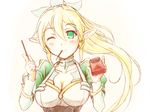  blonde_hair braid breasts cleavage food green_eyes ina large_breasts leafa long_hair one_eye_closed pocky pointy_ears solo sword_art_online twin_braids 
