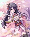  animal_ears bare_shoulders black_eyes black_hair black_legwear cherry_blossoms commentary_request copyright_request fukukitaru holding japanese_clothes knife long_hair looking_at_viewer petals solo thighhighs 