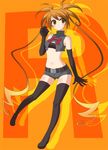  belt blush cleavage_cutout clothes_writing elbow_gloves gen_1_pokemon gloves highres midriff miruki navel orange_eyes orange_hair personification pokemon raichu revision shorts smile solo team_rocket thighhighs twintails 