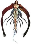  breasts claws eve_(parasite_eve) facial_mark floating forehead_mark large_breasts long_hair monster_girl no_nipples nomura_tetsuya official_art parasite_eve red_hair solo tail wings 