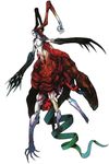  breasts claws eve_(parasite_eve) extra_legs fingernails highres large_breasts long_fingernails long_hair monster_girl multiple_arms no_nipples nomura_tetsuya official_art pale_skin parasite_eve red_hair sharp_fingernails solo tail 