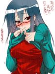  blush breasts glasses large_breasts long_hair original red-framed_eyewear ribbed_sweater shirt_lift sleeves_past_wrists solo sweater tokita_monta 