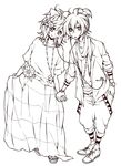  1girl brother_and_sister dress hinata_riku holding_hands kagamine_len kagamine_rin lineart monochrome short_hair siblings smile twins vocaloid 