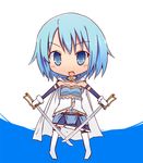  blue_eyes blue_hair blush chibi dual_wielding holding magical_girl mahou_shoujo_madoka_magica maiku miki_sayaka open_mouth short_hair skirt smile solo sword weapon 