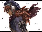  cape from_side goggles grandia grandia_i graphite_(medium) justin_(grandia) layered_sleeves letterboxed long_hair male_focus ponytail profile red_hair solo torn_clothes traditional_media white_background wind yohane_shimizu 