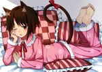  ;o animal_ears barefoot blush brown_eyes brown_hair cat_ears cat_tail checkered chin_rest feet jpeg_artifacts kemonomimi_mode kuhotaka leg_up lying on_stomach one_eye_closed original pajamas paw_print pillow ribbon short_hair soles solo striped tail 