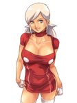  absurdres breasts cleavage fingerless_gloves gloves green_eyes grimm's_fairy_tales highres large_breasts lips little_red_riding_hood little_red_riding_hood_(grimm) little_red_riding_hoods_zombie_bbq red santi_casas smile solo standing thighs white_hair 