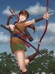  archery arrow bow_(weapon) brown_eyes brown_hair cloud day gloves highres katana leg_lift long_hair onimusha_soul sarashi sheath sheathed single_glove sky smile spinlock sword weapon 