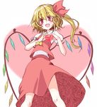  :d blonde_hair blush fang flandre_scarlet heart heart_hands kuronuko_neero no_hat no_headwear open_mouth red_eyes side_ponytail skirt smile solo touhou wings 