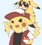  1boy hat on_head pikachu pikachu_(cosplay) pokemon pokemon_(game) red_(pokemon) red_(pokemon)_(cosplay) role_reversal 